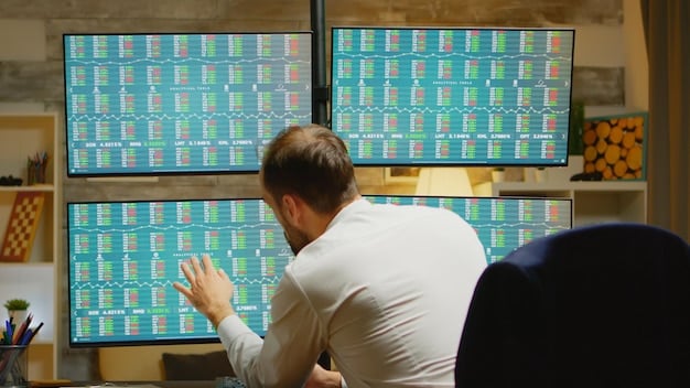 A split image: one side shows a busy stock exchange floor with screens displaying fluctuating numbers in green and red, representing pre-recession activity. The other side shows a quiet, almost deserted stock exchange, with fewer people and predominantly red numbers, representing the activity during a recession.