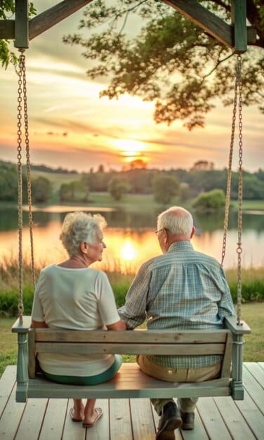 A serene image of an elderly couple sitting on a porch swing, smiling and relaxed, with their retirement years secured by careful financial planning, despite a recession in the backdrop.