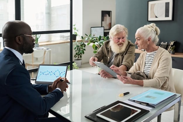 A visual representation of updated coinsurance information, showcasing coinsurance rates. A diverse group of senior citizens are reviewing health plan options in a well-lit office setting. A financial advisor is helping them compare different Medicare plans, including information related to 'The Ultimate Guide to Understanding and Utilizing Your Medicare Benefits in 2025', ensuring they select the most appropriate plan for their healthcare needs in 2025.