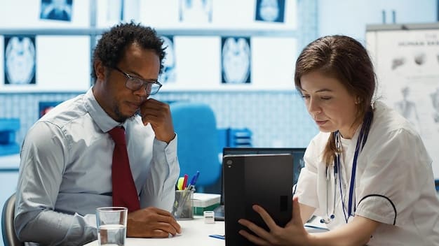 A doctor discussing medical information with a patient in a modern, well-equipped office. The image focuses on the doctor-patient relationship and the importance of medical care covered by FMLA.