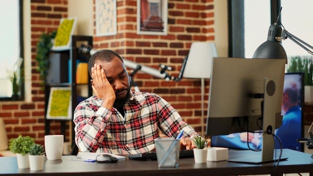An employee sitting at their desk, looking stressed and overwhelmed, then juxtaposed with an image of the same employee looking relaxed and smiling after receiving guidance from their Employee Assistance Program (EAP). This captures the positive impact of utilizing the assistance program.