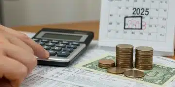 Hand holding calculator over tax forms and money, symbolizing 2025 tax savings