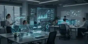 Professionals collaborating in a modern, tech-driven office, representing the dynamic 2025 US job market and sector growth.