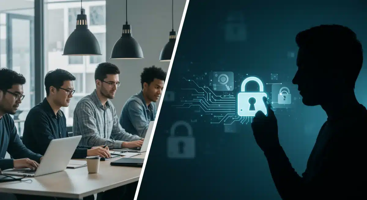 Balancing AI innovation with data privacy concerns, illustrated by tech development and digital security.