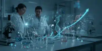 Scientists analyzing biotech data in a futuristic lab, symbolizing innovation and market growth in 2025.