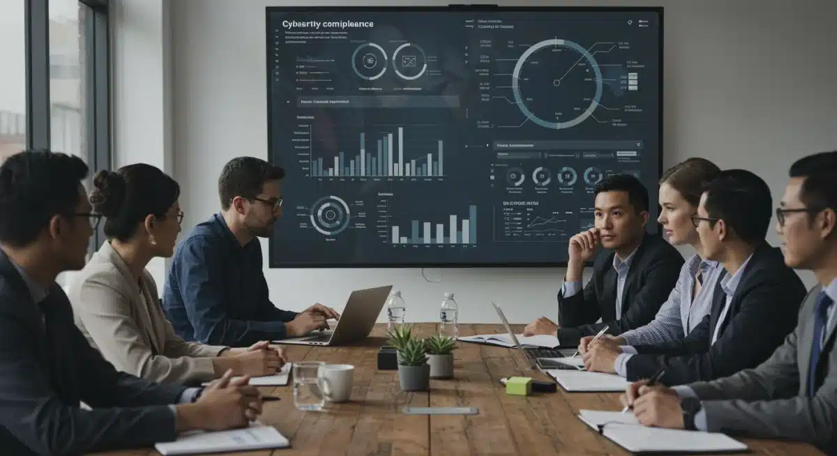 Business leaders discussing cybersecurity compliance and risk management strategies in a modern conference setting.