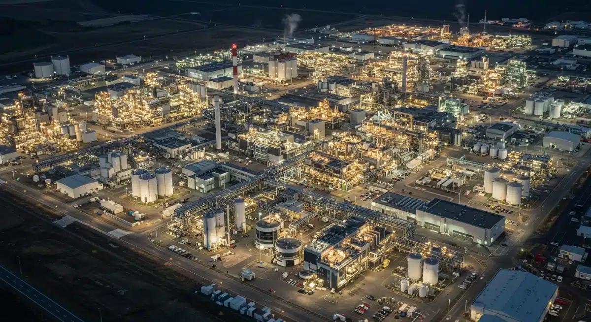 Aerial view of a large, illuminated semiconductor manufacturing plant at dusk.