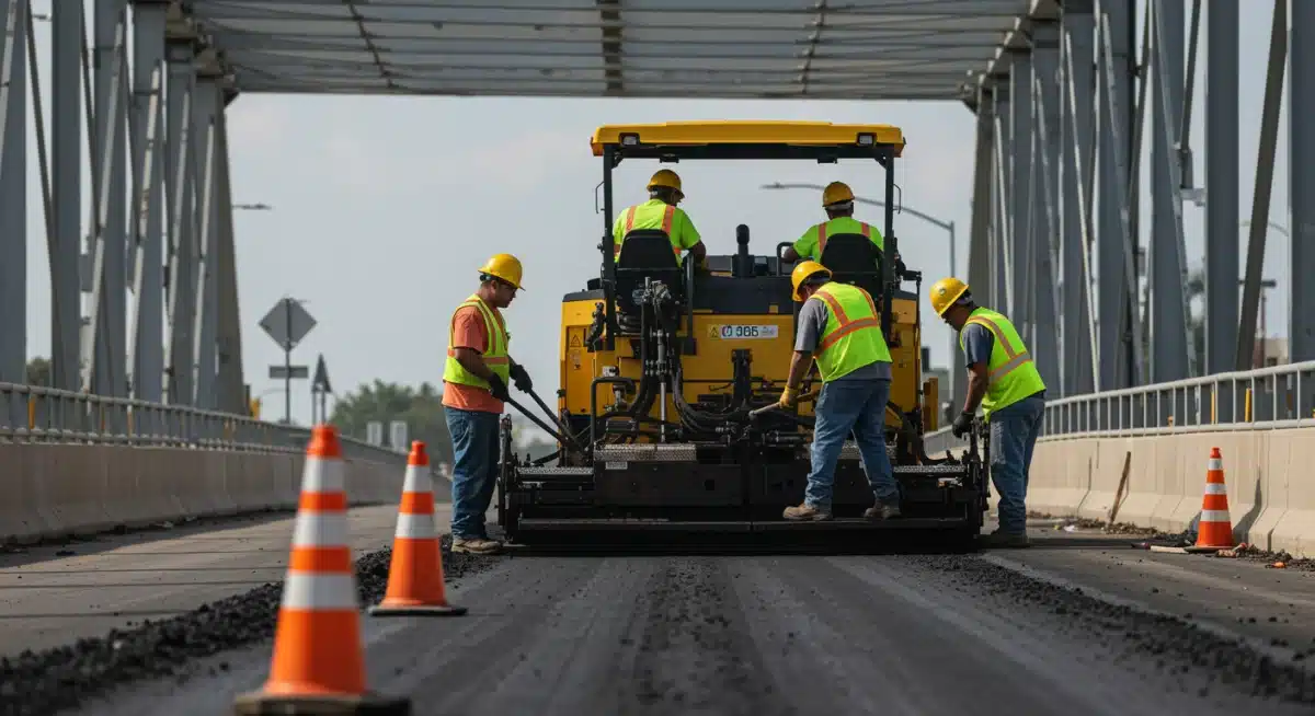 Construction workers repairing a bridge, symbolizing infrastructure investment in progress.