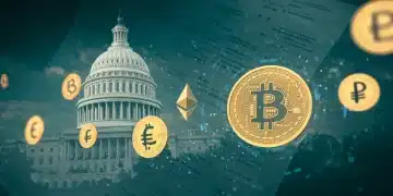 Futuristic digital assets and US Capitol building symbolizing cryptocurrency regulation in 2025.