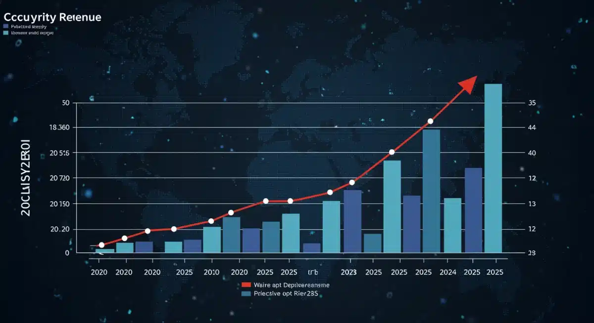 Upward trend chart illustrating cybersecurity market revenue projection with 18% growth by 2025.