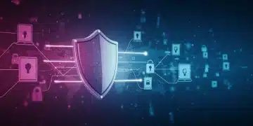 Digital shield protecting a global network, symbolizing cybersecurity market growth and defense against cyber threats.