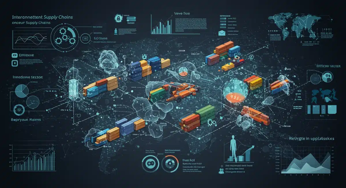 Infographic illustrating interconnected digital supply chains and industrial efficiency, with gears and network lines.
