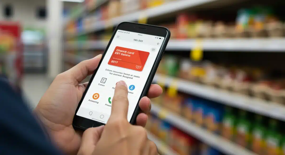 Person checking EBT card balance and accessing healthy eating resources on a smartphone