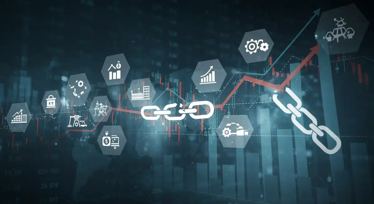 Economic indicators showing market volatility with icons of manufacturing and retail, symbolizing supply chain impact.