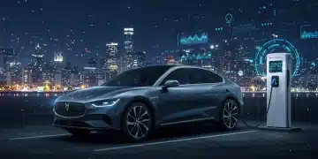 Electric vehicle charging at a modern station in a futuristic city setting, symbolizing growth in the automotive sector.