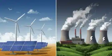 Illustration of federal energy policy impacting renewable and traditional power sectors in 2025 with new regulations and subsidies.