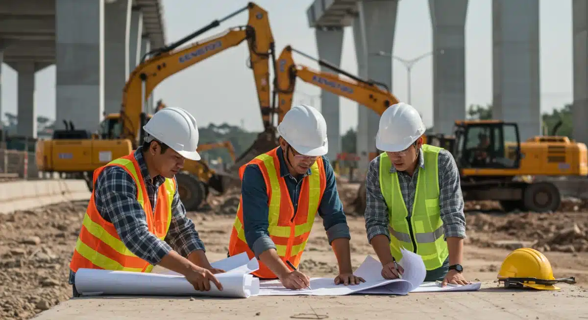 Engineers and construction workers reviewing plans at a bridge construction site.