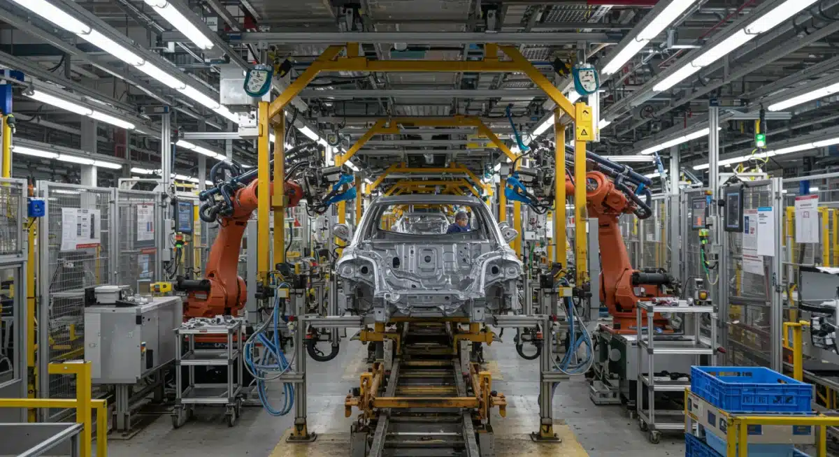 Electric vehicle assembly line with robots and technicians, highlighting advanced manufacturing.