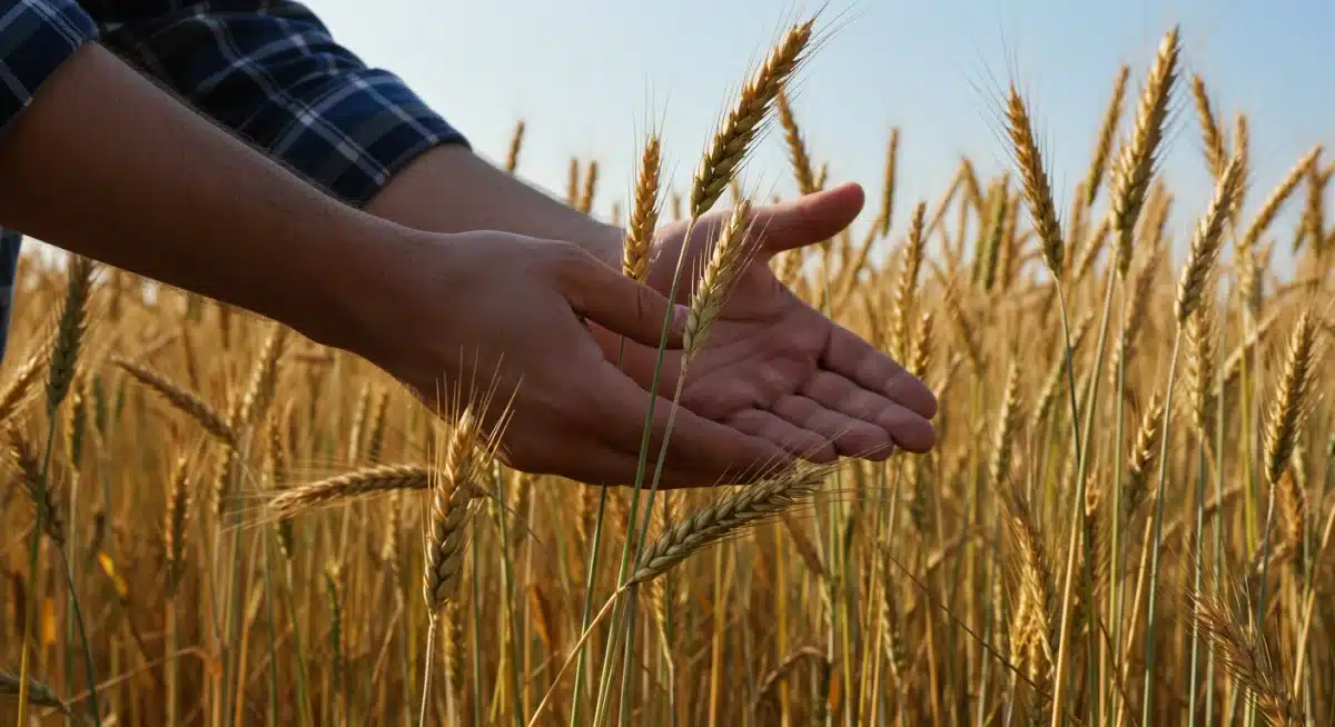 Farmer inspecting healthy wheat in a field, representing agricultural production and yield potential.