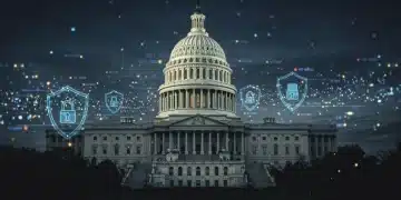 US Capitol with digital data streams and privacy shields, symbolizing federal data privacy legislation.