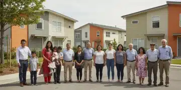 Families and individuals in front of new affordable housing developments, symbolizing federal housing policy impact.