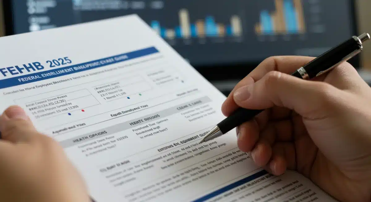 Hand reviewing FEHB 2025 enrollment guide with financial data