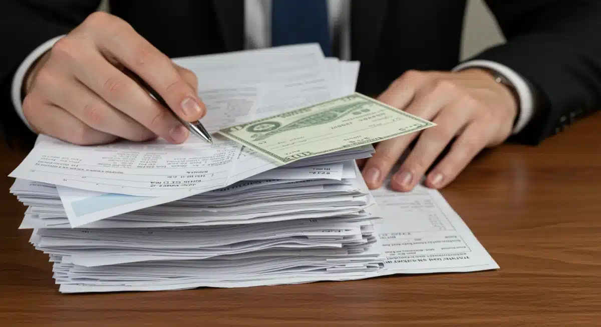 Stack of financial documents and a hand with a pen, representing claims process