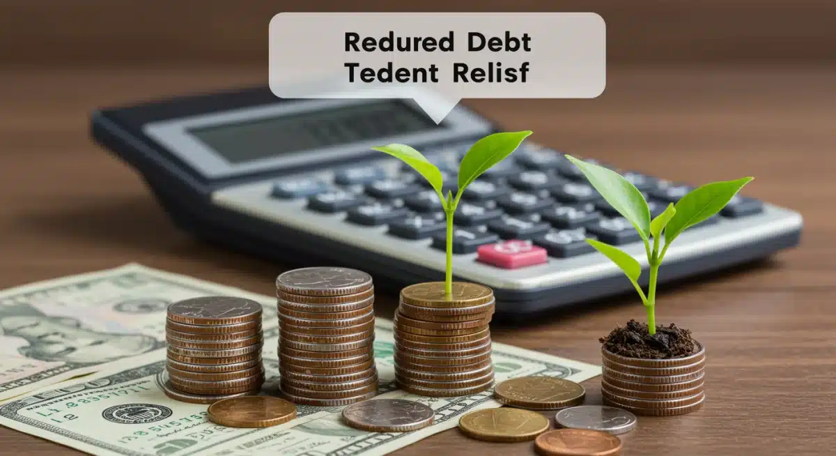 Financial relief depicted with coins, dollar bills, and a calculator showing reduced debt.