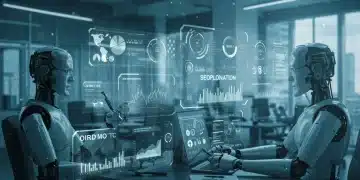 Robots and humans collaborating in a futuristic office, symbolizing automation's impact on employment.