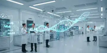 Futuristic medical facility with holographic DNA and collaborating healthcare professionals.