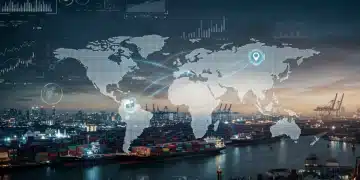 Global supply chain network with shipping containers and factory silhouettes against a world map, illustrating ongoing disruptions.