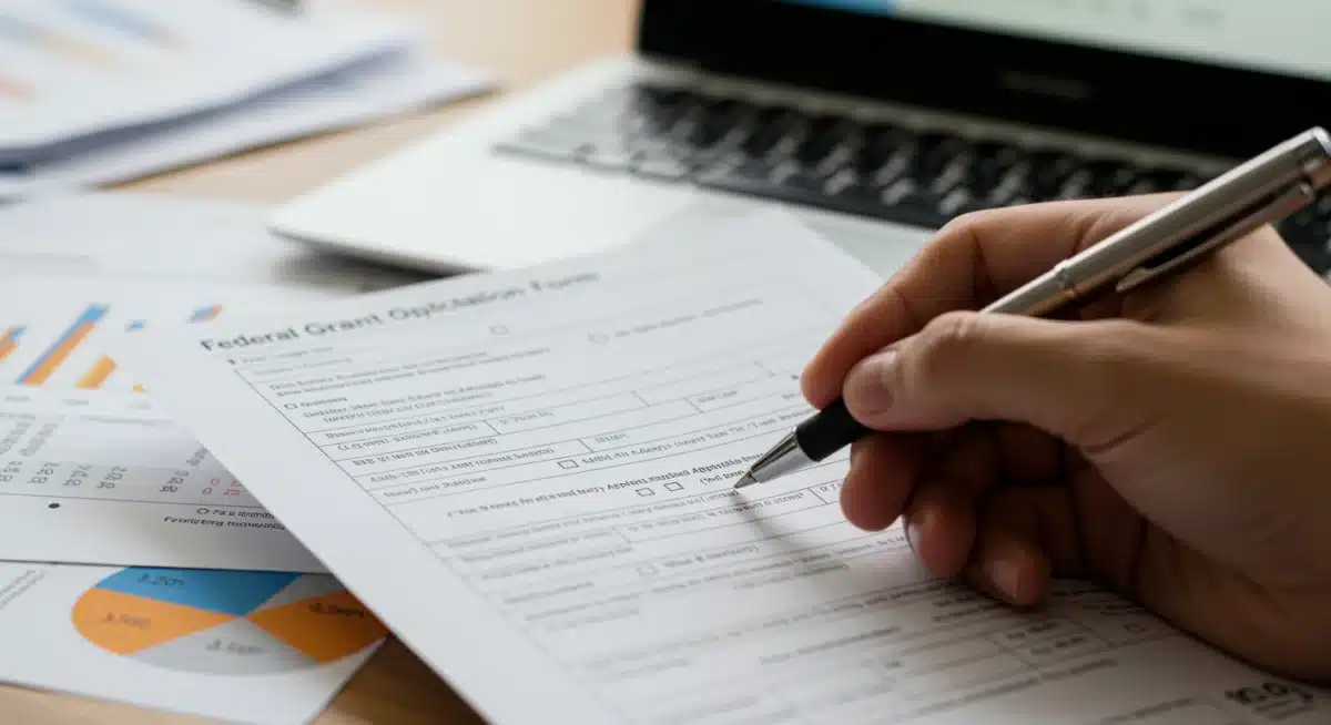 Hand highlighting eligibility criteria on a federal grant application form