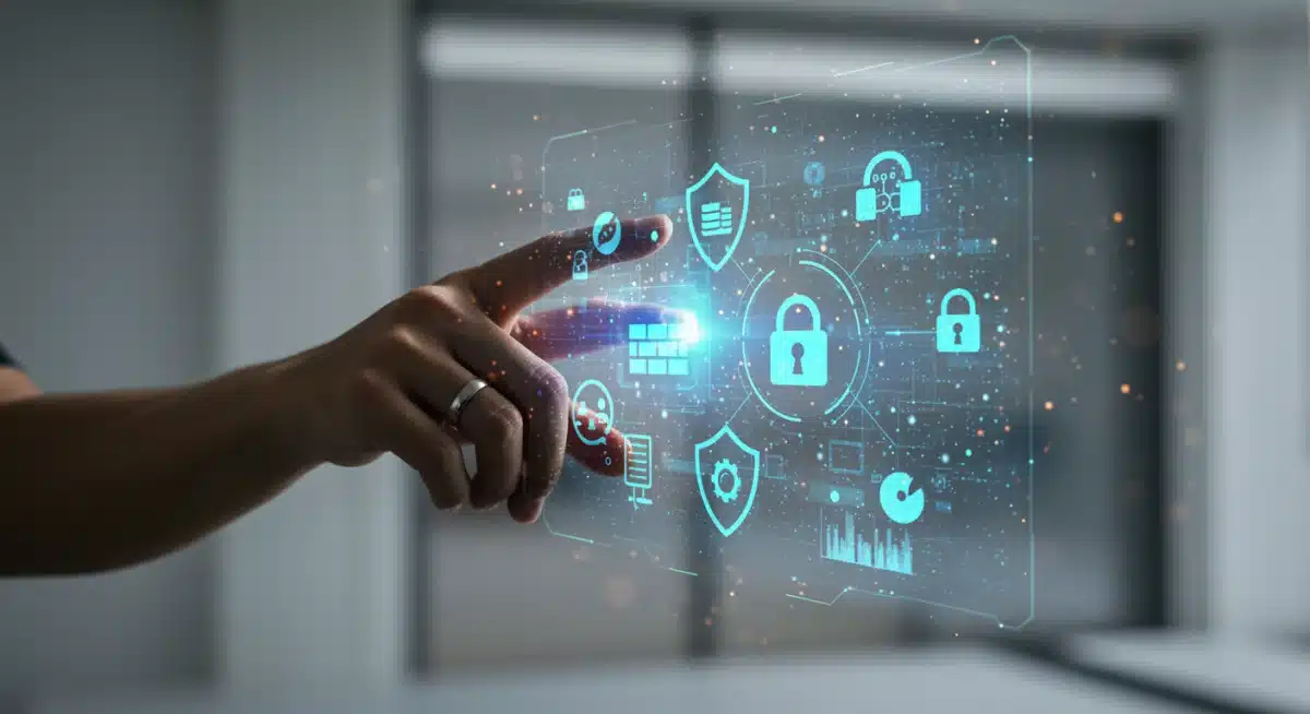 Holographic interface showing proactive data protection measures against cyber threats.