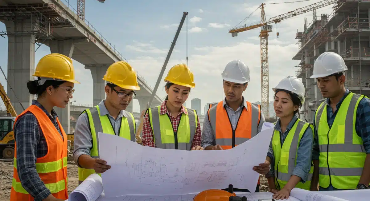 Construction workers reviewing infrastructure blueprints on a job site