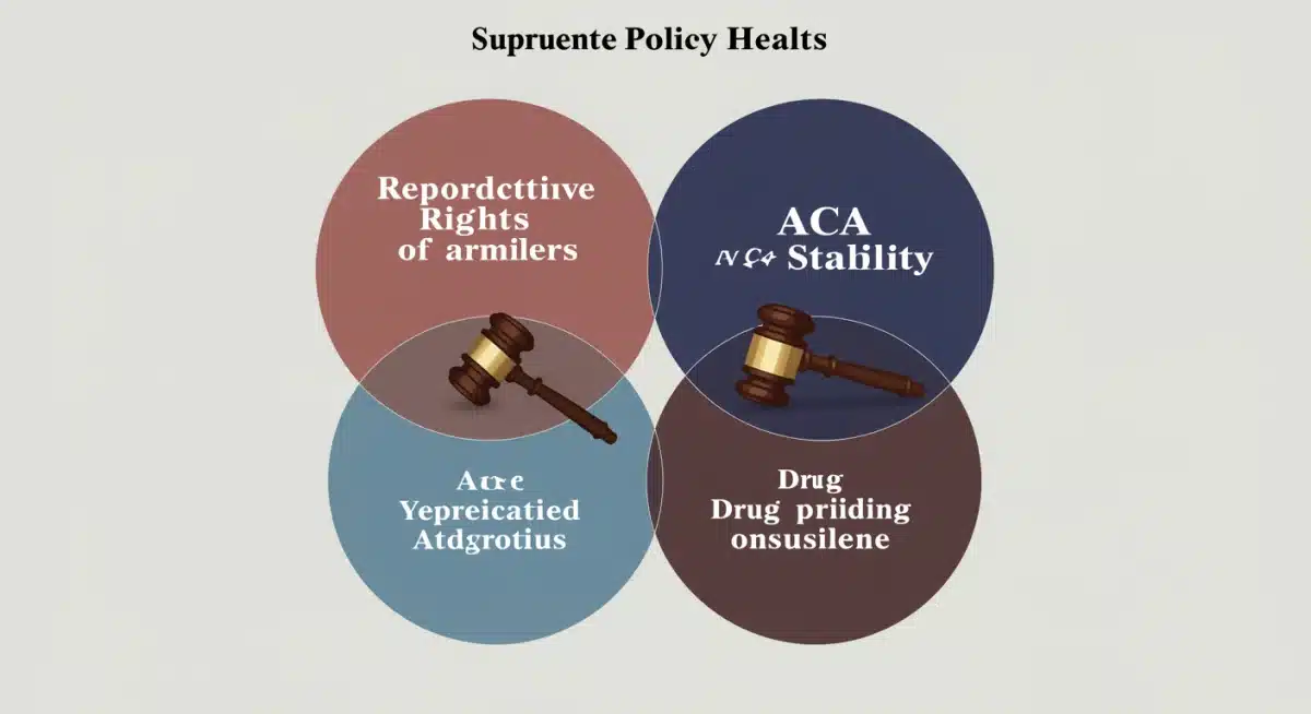Venn diagram depicting interconnected healthcare policy areas: reproductive rights, ACA stability, and drug pricing, with legal gavels.