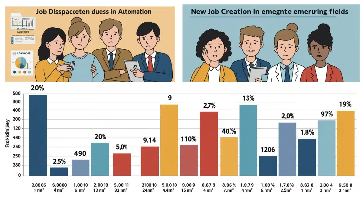 Bar chart showing job displacement and creation by automation across US sectors.