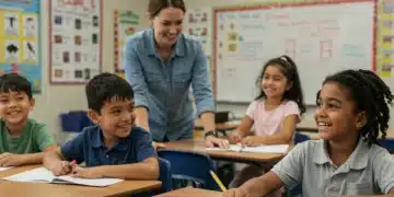 Diverse K-12 students learning in a modern classroom with a supportive teacher, symbolizing increased federal education funding.