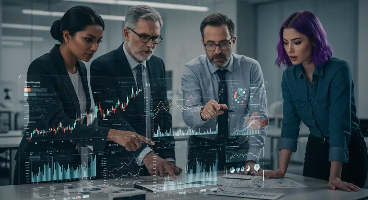 Financial analysts reviewing tech stock market data on a futuristic screen.