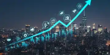Dynamic market growth chart with industry icons over a US city skyline, symbolizing economic expansion and innovation.