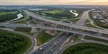 Modern highway interchange with bridges under clear sky, symbolizing infrastructure development.