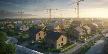 Modern residential development with cranes and blueprints illustrating housing starts and permits data