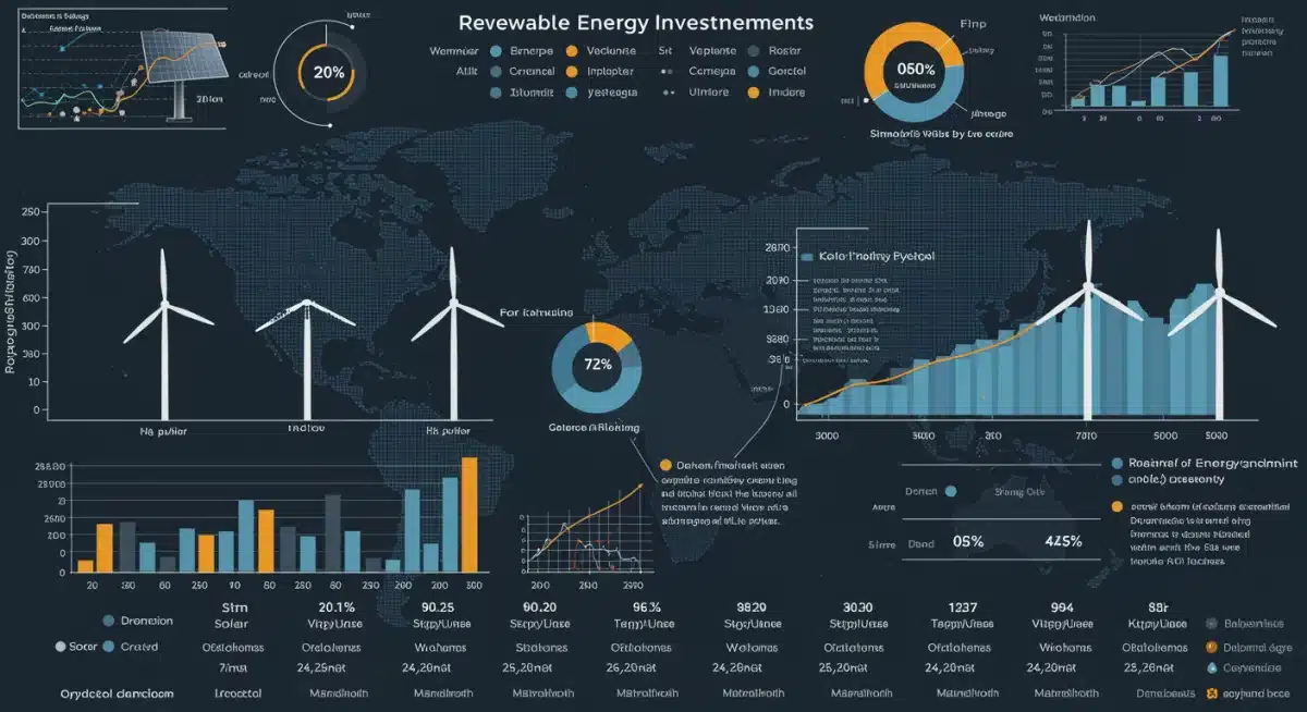 Infographic detailing renewable energy investment breakdown by sector for 2025, highlighting solar and wind power growth.