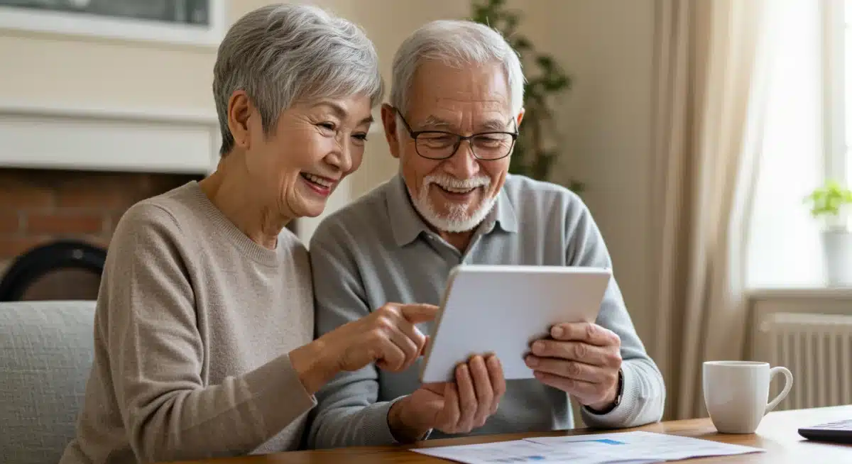 Senior couple reviewing retirement benefits on tablet