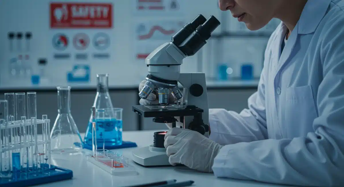 Scientist inspecting product sample for safety compliance