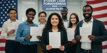 Relieved individuals celebrating student loan forgiveness with documents and digital displays.