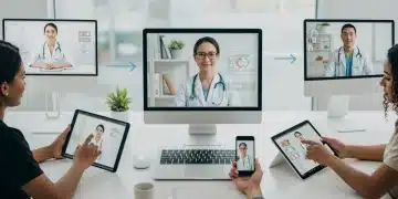 Patients connecting with doctors via telehealth on digital devices
