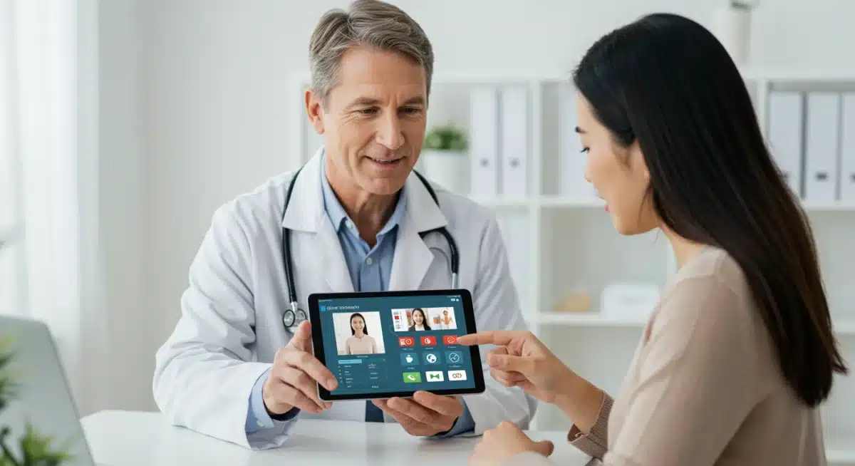 Doctor consulting patient through telemedicine on a tablet.
