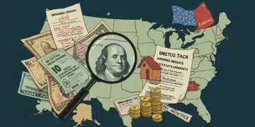 Illustration of unclaimed benefits, money, and property deeds over a US map