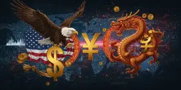 Stylized digital art depicting US and Chinese economic symbols intertwined, representing 2025 trade relations.