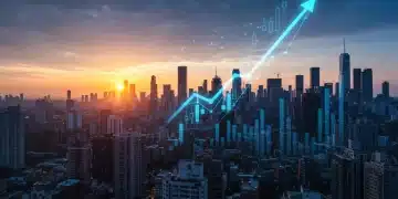 Futuristic cityscape with rising stock charts symbolizing US stock market growth outlook for 2025